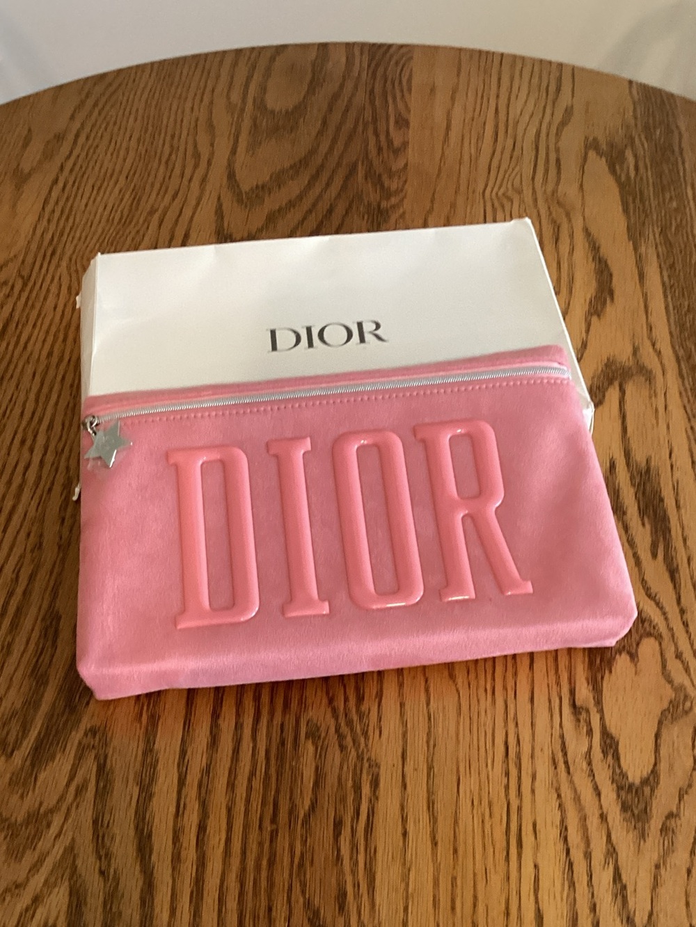 Dior Pink Embossed Logo Zip Pouch with Star Charm